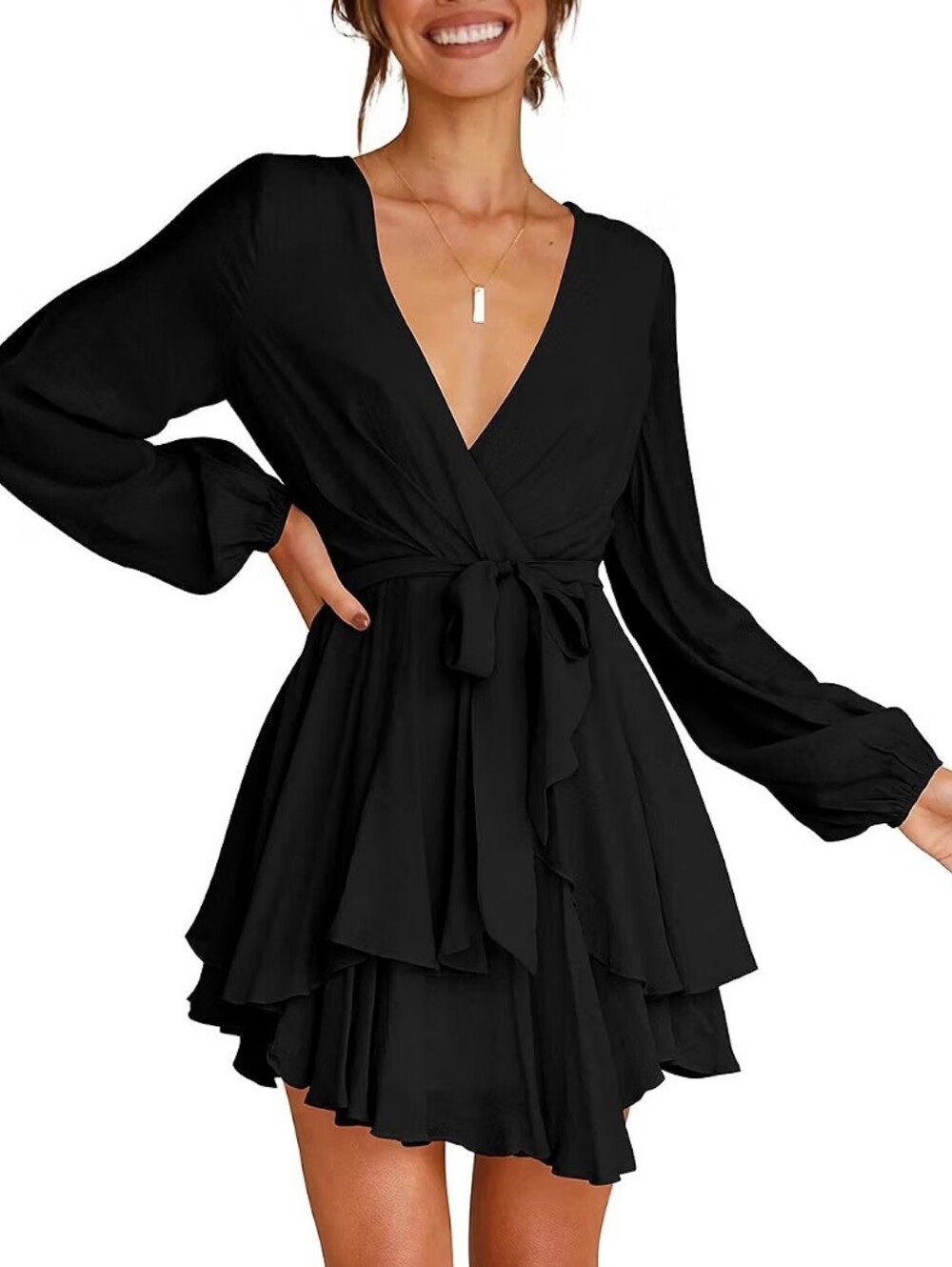 Flybony V Neck Dress Tie Waist Ruffle Mini Swing Skater Dress